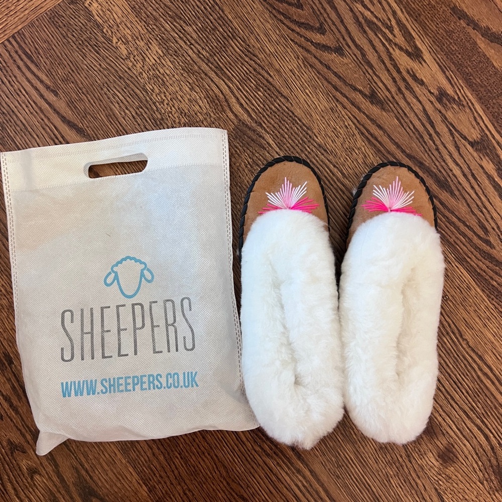 White Shearling Slippers with Pink Accents Sheepers UK Brand, made in Poland.